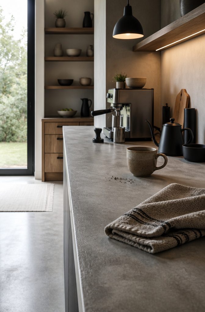 24 Modern Coffee Bar Design Ideas for Any Home Layout 20 Steel espresso machine black coffee tools and ceramic mug on gray counter