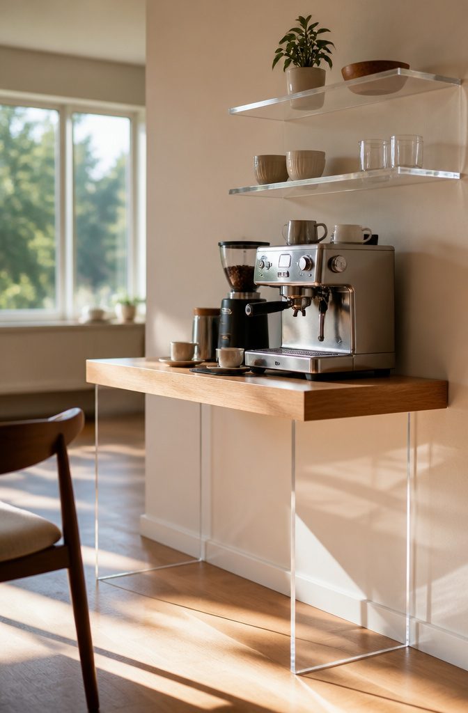 24 Modern Coffee Bar Design Ideas for Any Home Layout 15 Coffee machine and grinder on an oak console with transparent legs