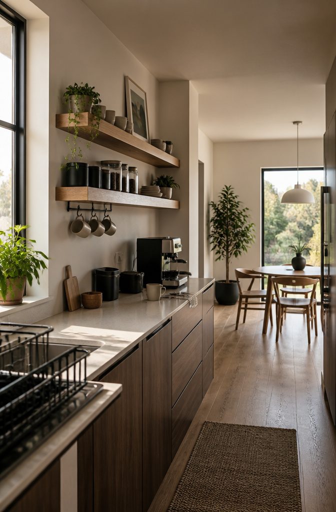 24 Modern Coffee Bar Design Ideas for Any Home Layout 3 Wood floating shelves display mugs and canisters above a coffee machine