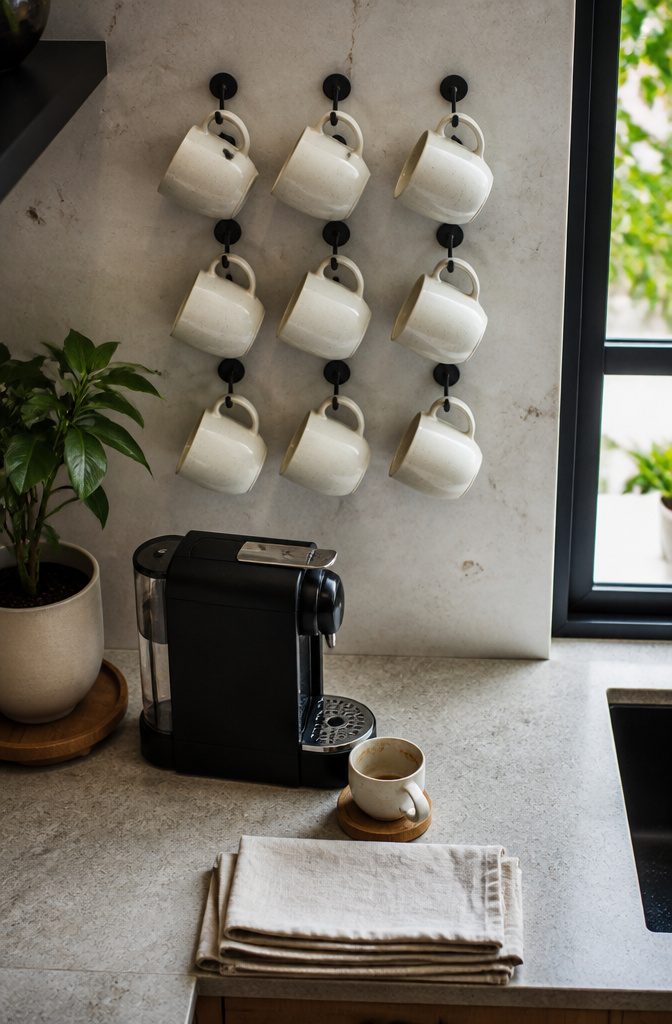 24 Modern Coffee Bar Design Ideas for Any Home Layout 22 Matching ceramic mugs hanging in straight rows on wall hooks