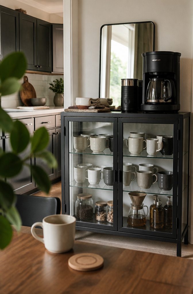 24 Modern Coffee Bar Design Ideas for Any Home Layout 13 Glass-front cabinet displaying mugs above a coffee maker and frother