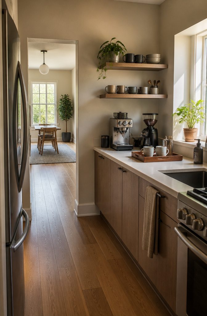 24 Modern Coffee Bar Design Ideas for Any Home Layout 7 Coffee machine and small tray arranged in a kitchen counter nook