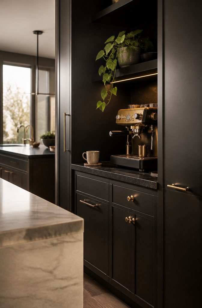 24 Modern Coffee Bar Design Ideas for Any Home Layout 17 Matte black coffee cabinetry with brass hardware and a trailing plant