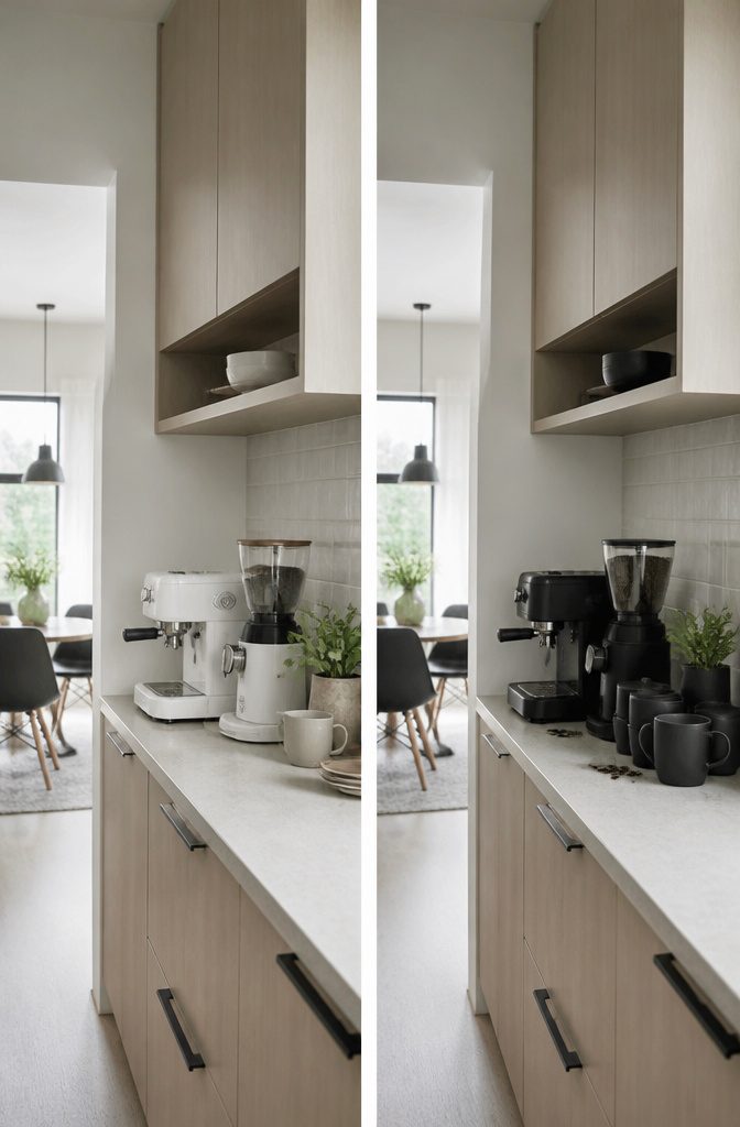 24 Modern Coffee Bar Design Ideas for Any Home Layout 12 White coffee machine mugs and canisters arranged together on a counter