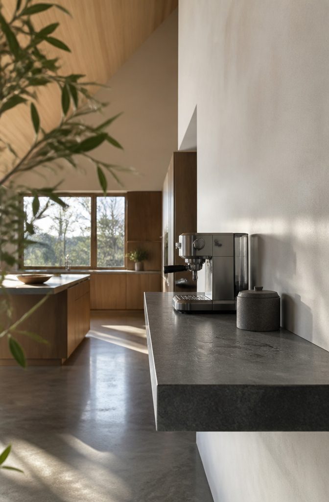 24 Modern Coffee Bar Design Ideas for Any Home Layout 16 Espresso machine and stone canister on a wall-mounted soapstone counter