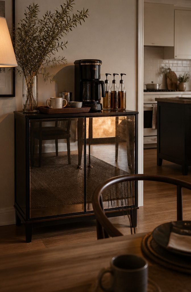 24 Modern Coffee Bar Design Ideas for Any Home Layout 6 Sideboard with mirrored doors holding a coffee maker and coffee supplies