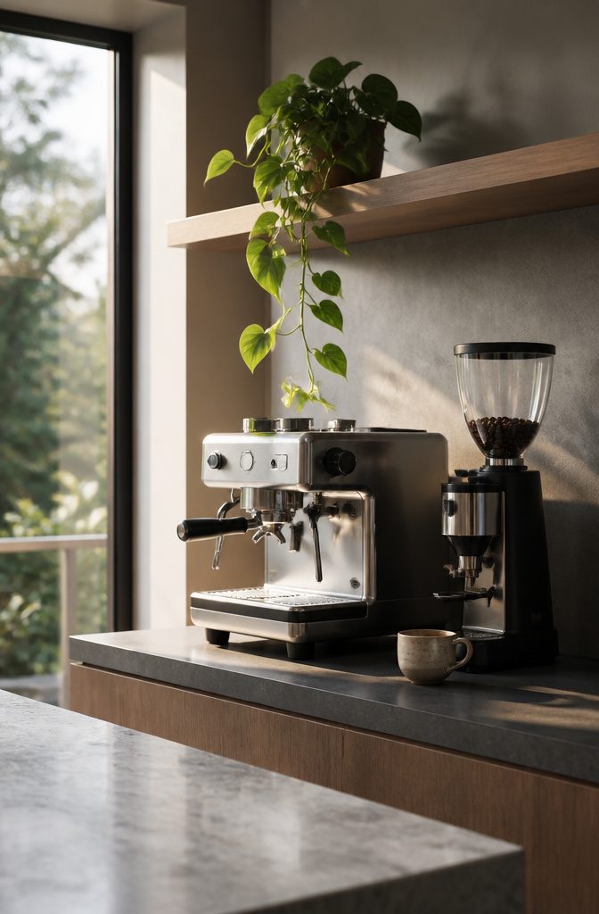 24 Modern Coffee Bar Design Ideas for Any Home Layout 25 Trailing potted plant beside an espresso machine and grinder on a clean counter