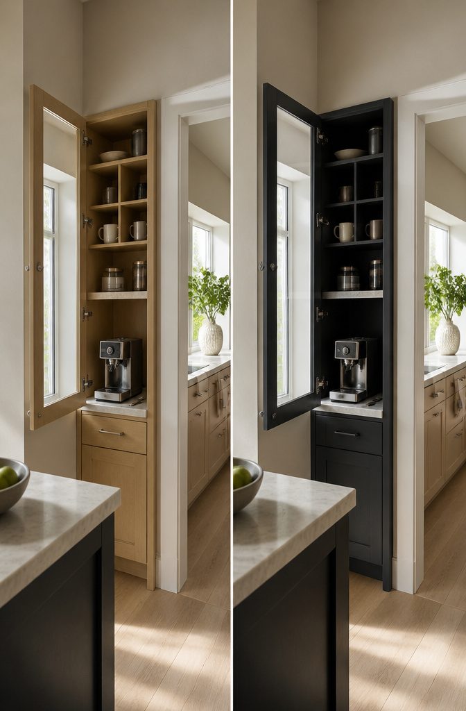 24 Modern Coffee Bar Design Ideas for Any Home Layout 4 Open cabinet with coffee maker on the counter and mugs on shelves