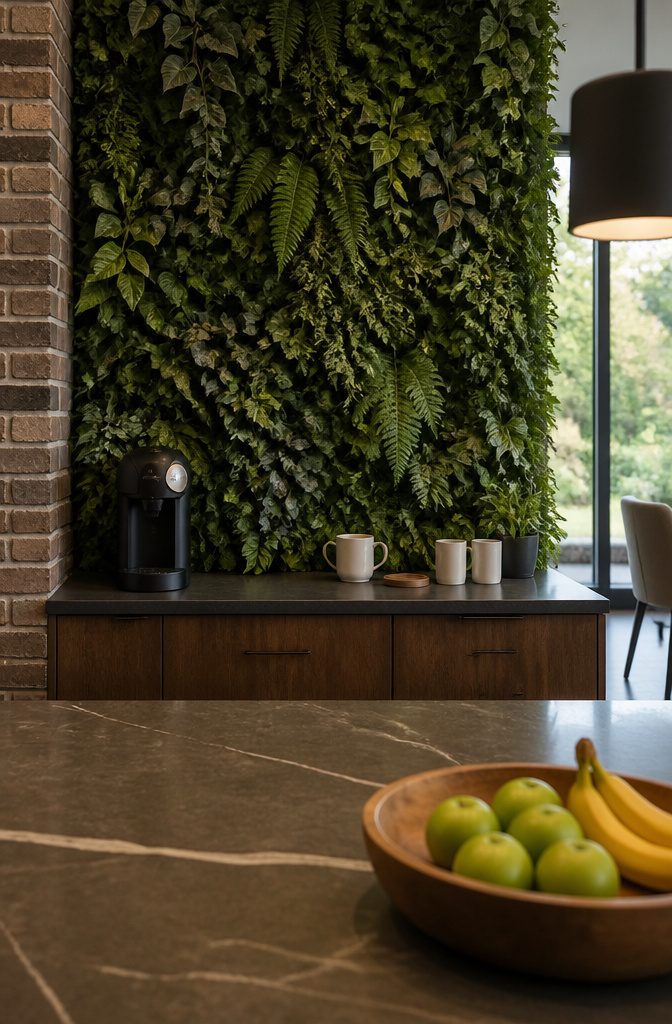 24 Modern Coffee Bar Design Ideas for Any Home Layout 9 Coffee maker and plain mugs in front of a dense green plant wall
