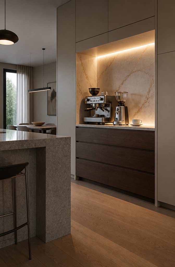 24 Modern Coffee Bar Design Ideas for Any Home Layout 14 Espresso machine inside a recessed stone niche with concealed lighting