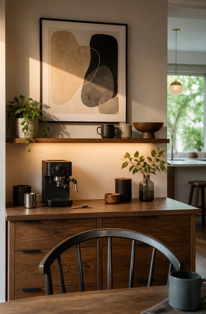 24 Modern Coffee Bar Design Ideas for Any Home Layout 11 Framed abstract artwork above a coffee maker on a warm wood counter