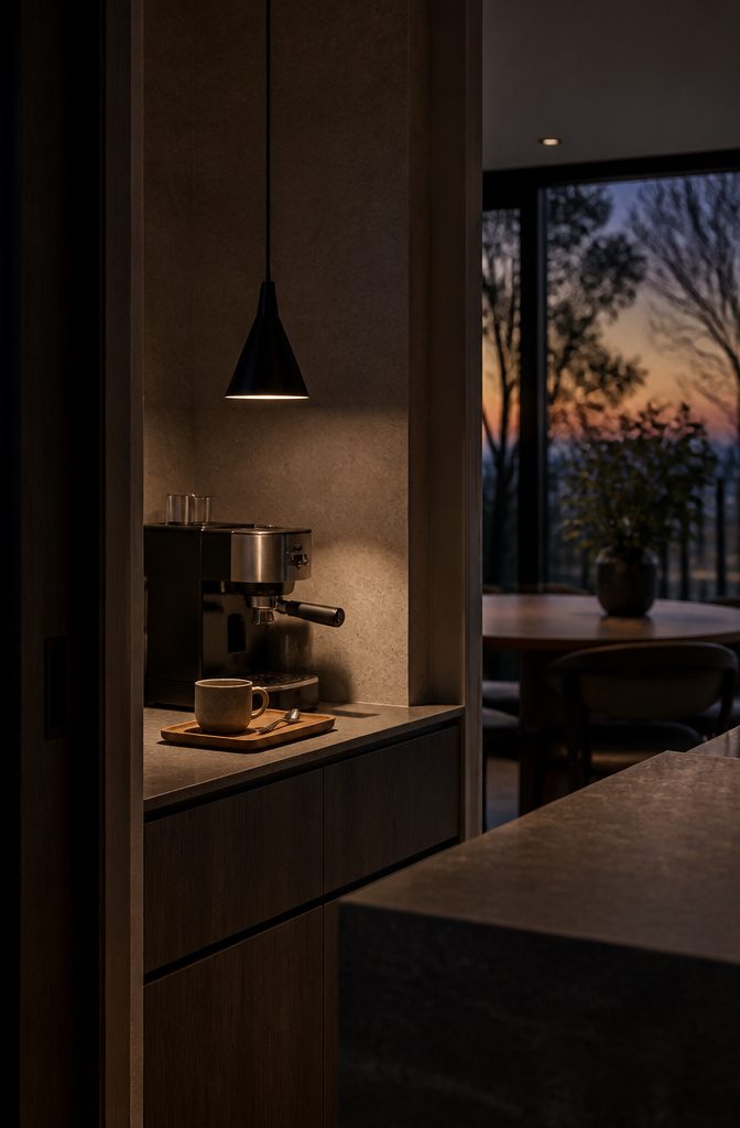 24 Modern Coffee Bar Design Ideas for Any Home Layout 21 Pendant light hanging above a coffee machine on a kitchen counter