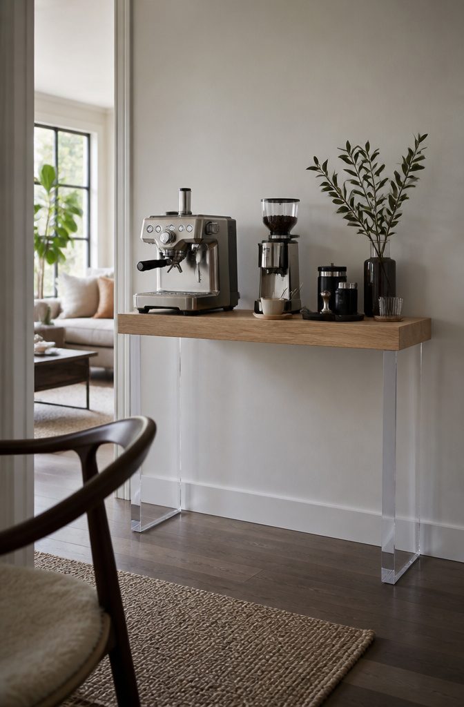 24 Modern Coffee Bar Design Ideas for Any Home Layout 10 Coffee machine and grinder on a narrow console with clear acrylic legs