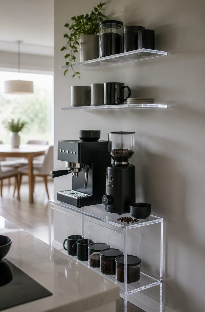24 Modern Coffee Bar Design Ideas for Any Home Layout 23 Transparent acrylic shelves holding mugs above a coffee station