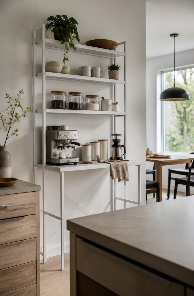 24 Modern Coffee Bar Design Ideas for Any Home Layout 5 White steel utility shelves holding a coffee machine canisters and mugs