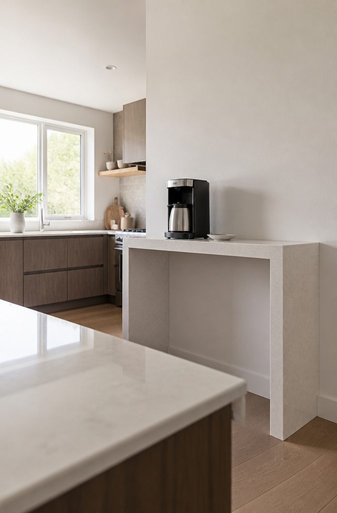 24 Modern Coffee Bar Design Ideas for Any Home Layout 18 Coffee station on a waterfall counter with stone extending to the floor