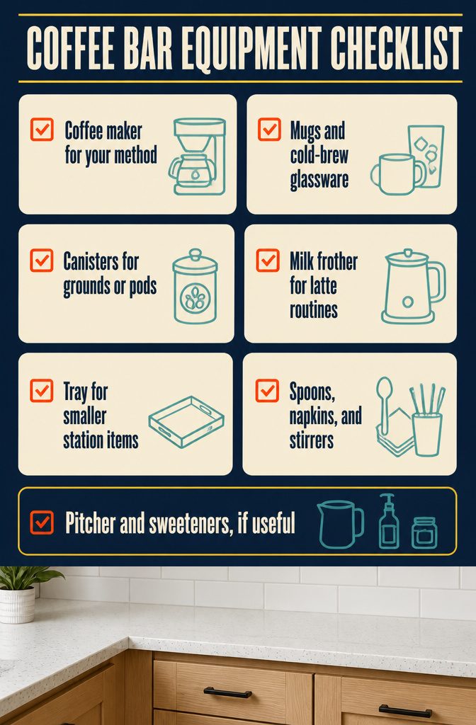 24 Modern Coffee Bar Design Ideas for Any Home Layout 26 Coffee bar equipment checklist listing a brewer grinder mugs and supplies
