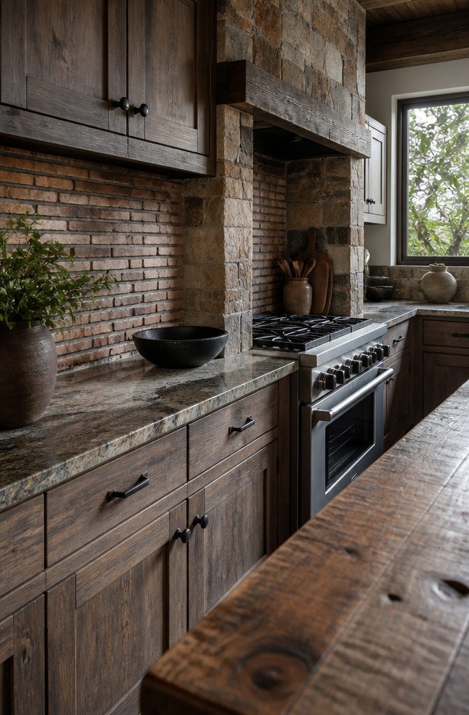 10 Ways to Design a Rustic Kitchen That Feels Warm and Real 3 Rustic kitchen with a brick backsplash and irregular natural stone surfaces