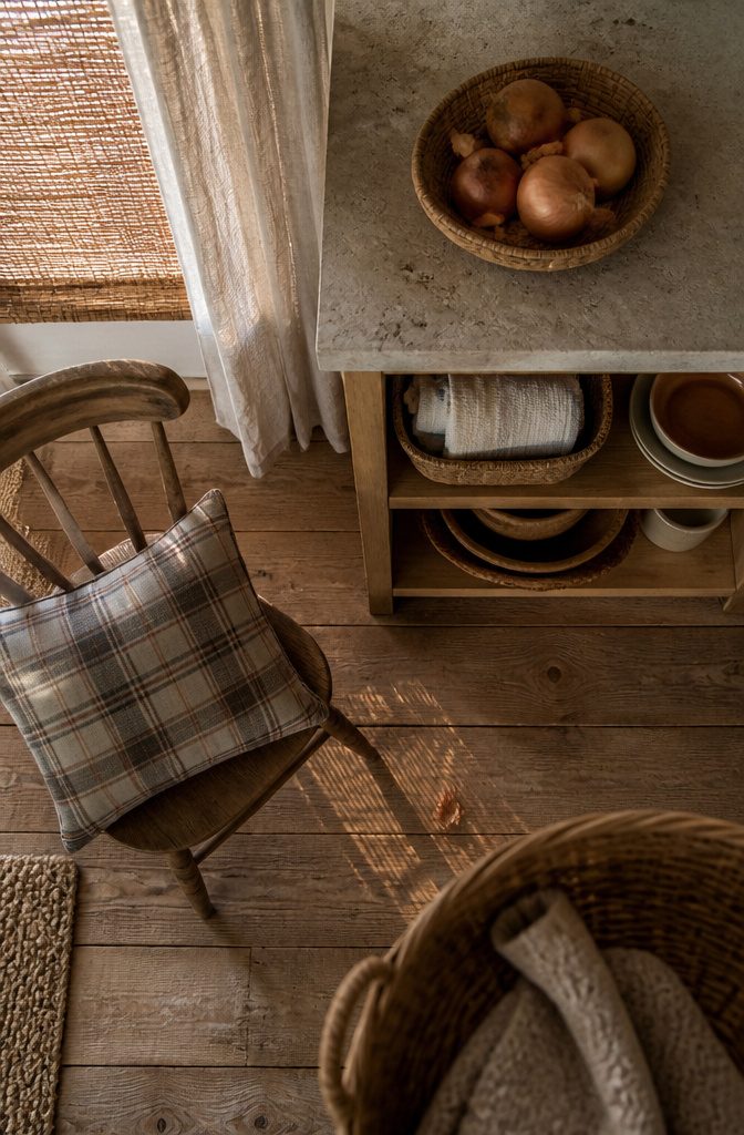 10 Ways to Design a Rustic Kitchen That Feels Warm and Real 9 Rustic kitchen with woven baskets, linen cushions, and natural wood surfaces