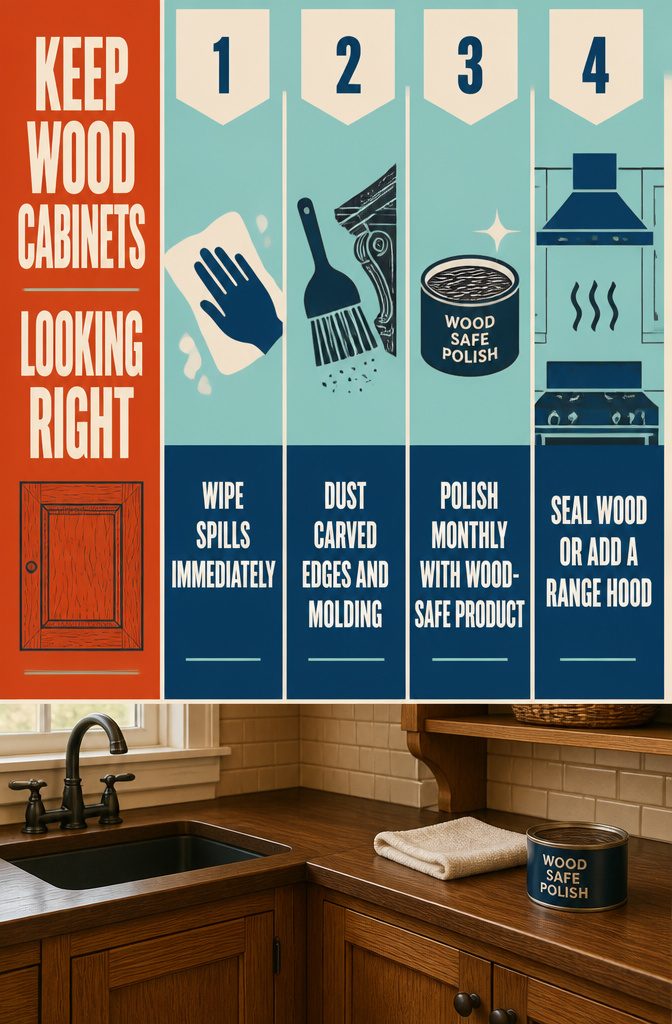 10 Ways to Design a Rustic Kitchen That Feels Warm and Real 13 Wood cabinet care graphic with cleaning tips and a cabinet illustration