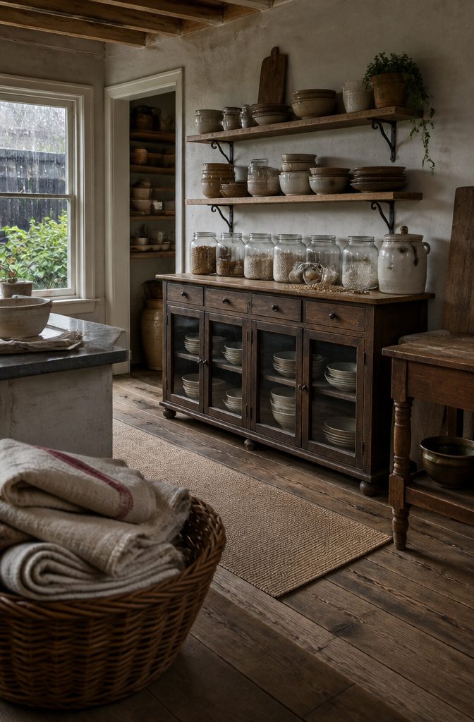 10 Ways to Design a Rustic Kitchen That Feels Warm and Real 6 Open kitchen shelves displaying stacked stoneware bowls and glass jars