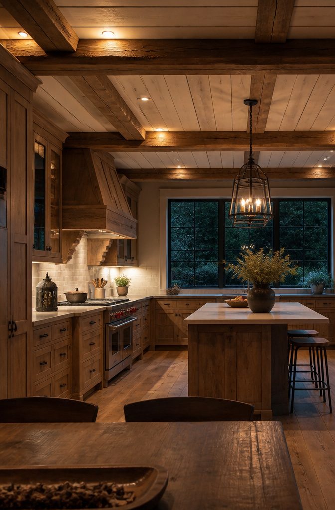 10 Ways to Design a Rustic Kitchen That Feels Warm and Real 8 Kitchen island beneath pendant lights with exposed wooden ceiling beams