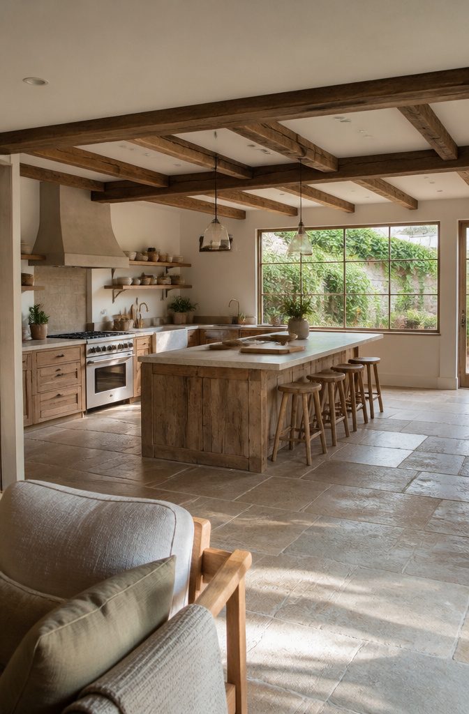 10 Ways to Design a Rustic Kitchen That Feels Warm and Real 11 Rustic kitchen island with counter space for food preparation and seating stools