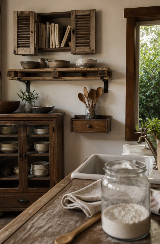 10 Ways to Design a Rustic Kitchen That Feels Warm and Real 10 Kitchen with an old dresser and wooden shutters used as cookbook shelves