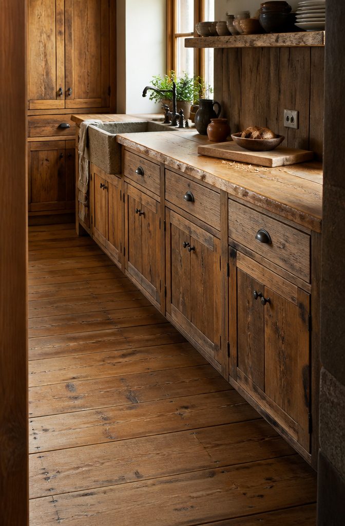 10 Ways to Design a Rustic Kitchen That Feels Warm and Real 2 Reclaimed oak cabinets beside a live-edge hickory countertop with visible knots and grain