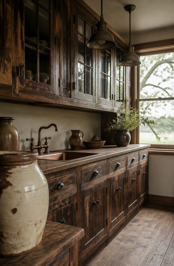 10 Ways to Design a Rustic Kitchen That Feels Warm and Real 5 Kitchen cabinets with antique-effect handles in darkened, worn finishes