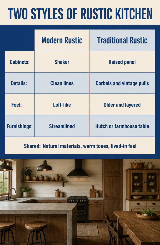 10 Ways to Design a Rustic Kitchen That Feels Warm and Real 12 Two rustic kitchen styles shown with wood cabinets, pendants, and carved corbels