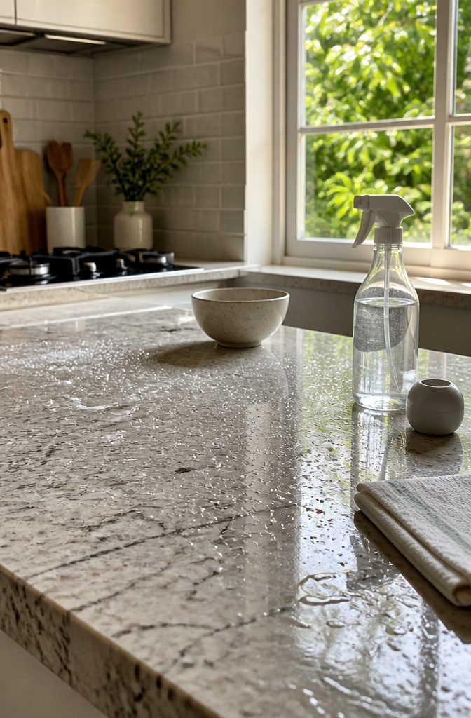 How to Disinfect Your House: 7 Steps That Actually Work 5 Wet kitchen worktop with spray bottle timer folded cloth and ceramic bowl