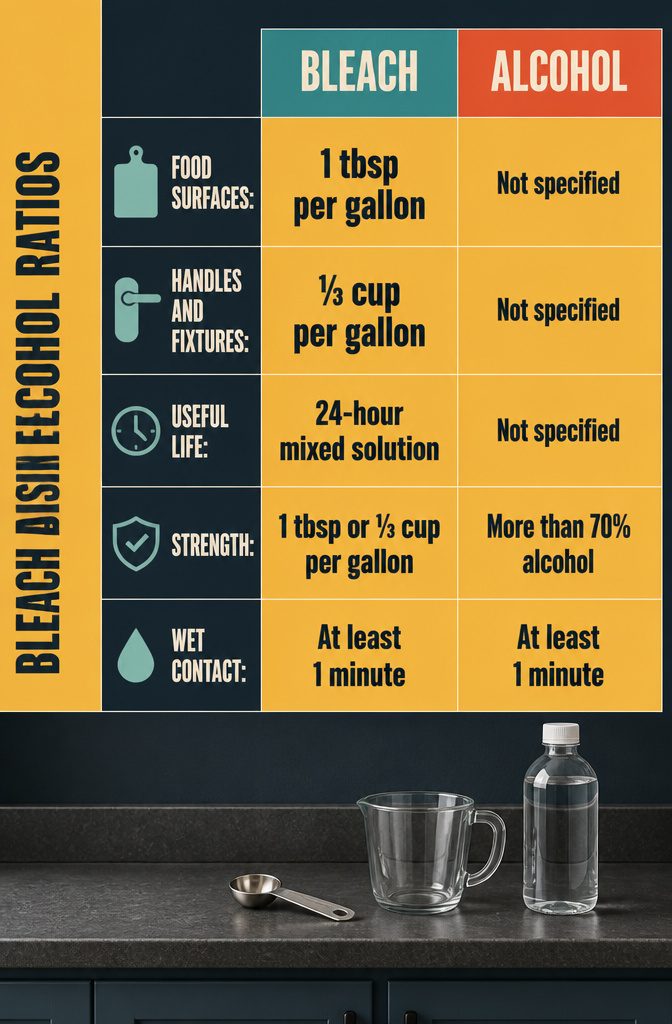 How to Disinfect Your House: 7 Steps That Actually Work 10 Home interior graphic with bleach and alcohol disinfection ratio information