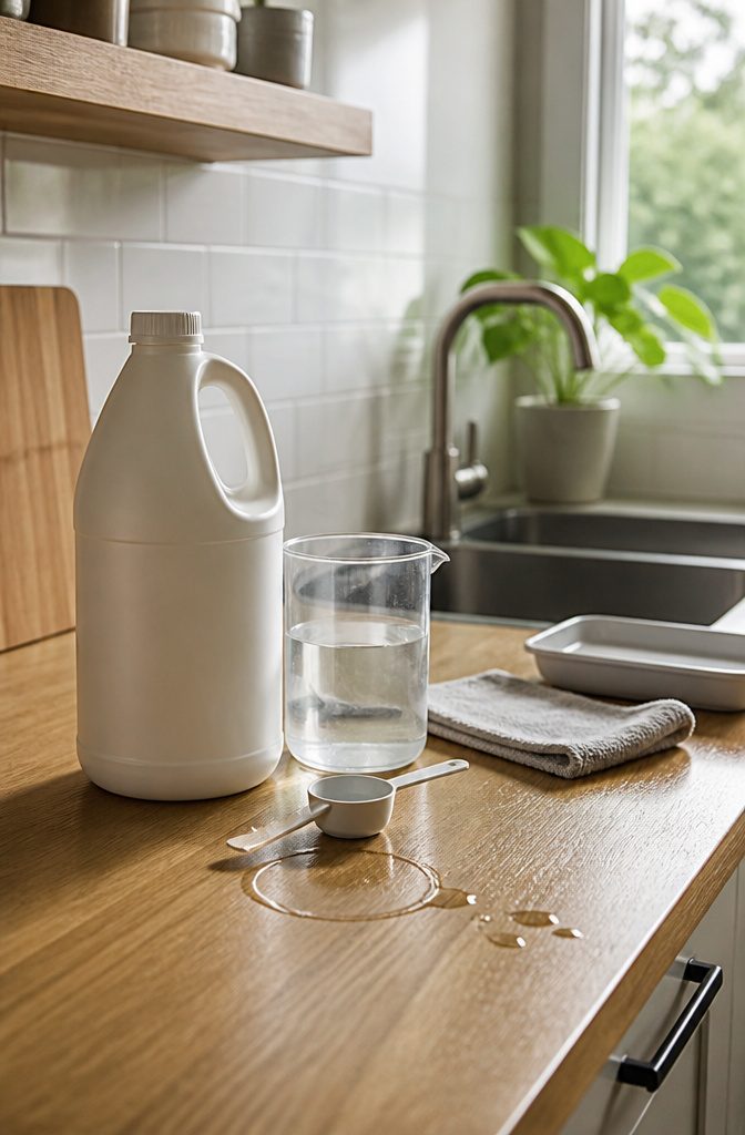 How to Disinfect Your House: 7 Steps That Actually Work 3 Plain disinfectant bottle beside a measuring spoon and clear container of bleach solution
