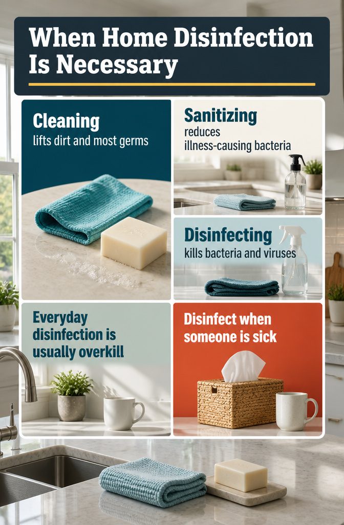 How to Disinfect Your House: 7 Steps That Actually Work 2 Home interior graphic with the title When Home Disinfection Is Necessary