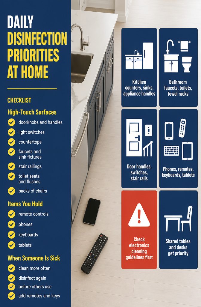 How to Disinfect Your House: 7 Steps That Actually Work 6 Home interior graphic titled Daily Disinfection Priorities at Home