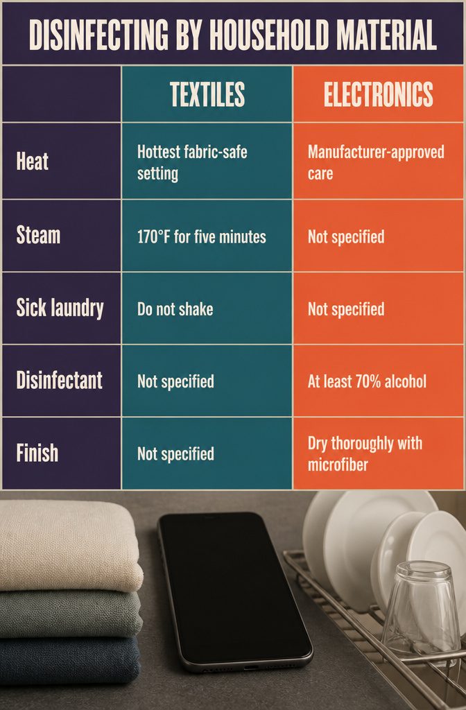 How to Disinfect Your House: 7 Steps That Actually Work 7 Home interior graphic titled Disinfecting by Household Material