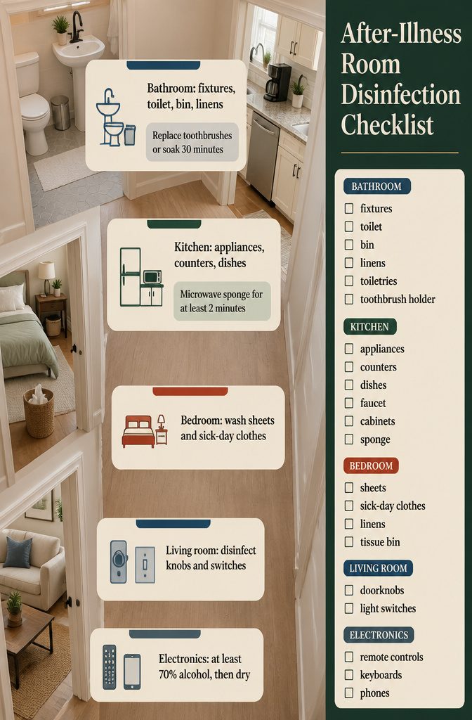 How to Disinfect Your House: 7 Steps That Actually Work 9 Home interior graphic titled After-Illness Room Disinfection Checklist