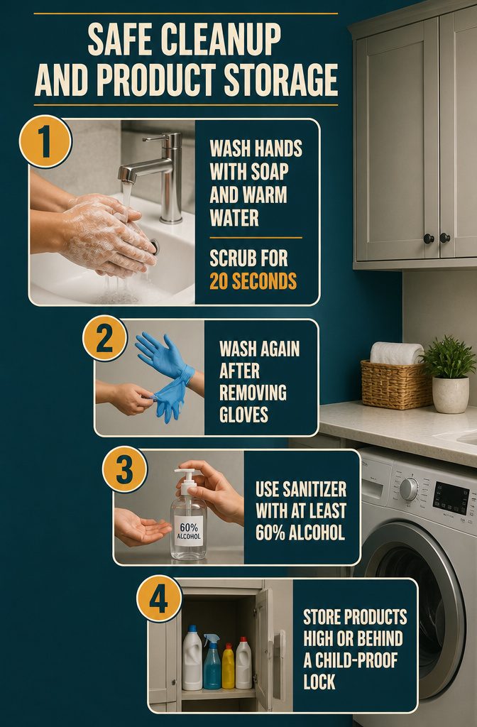 How to Disinfect Your House: 7 Steps That Actually Work 8 Home interior graphic titled Safe Cleanup and Product Storage