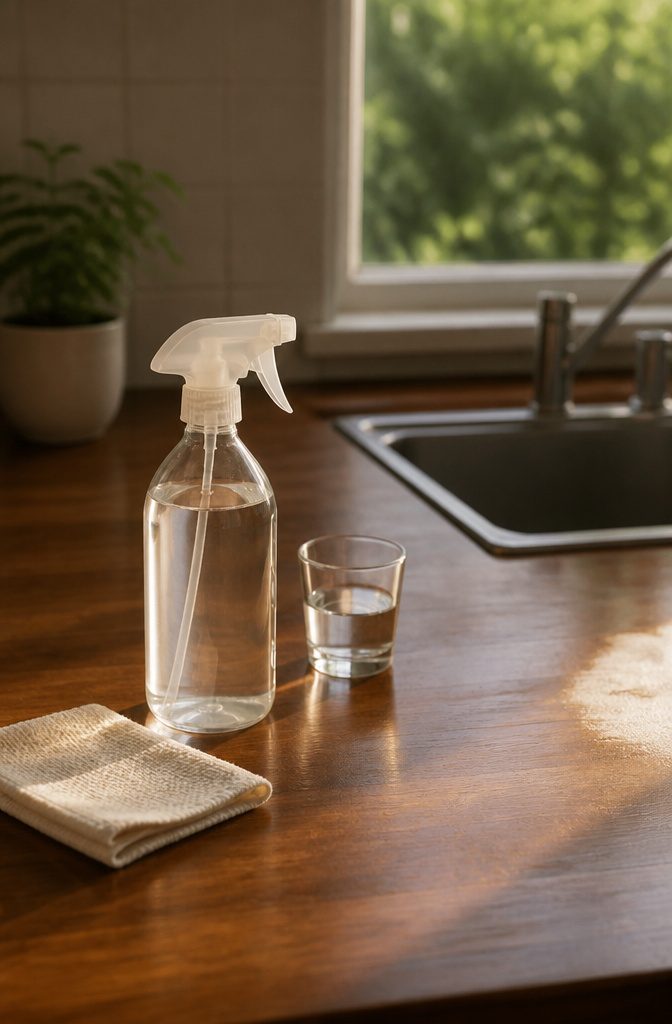 How to Disinfect Your House: 7 Steps That Actually Work 11 Household vinegar beside a cleaning cloth on a home surface