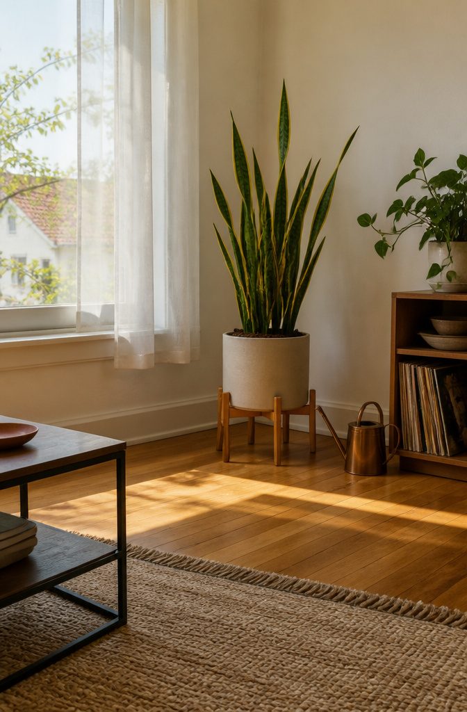 Snake plant with upright leaves in a softly lit room