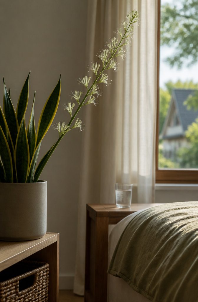 Snake plant with upright leaves in an indoor setting
