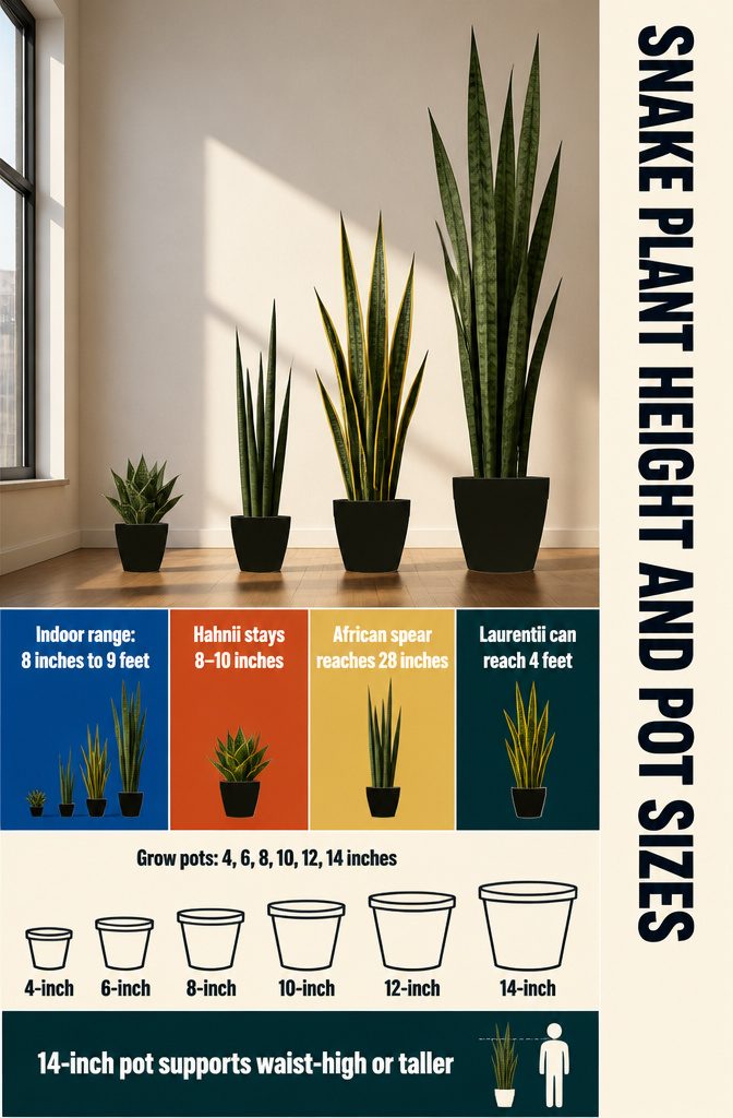 Snake plant height and pot size graphic with plant illustrations
