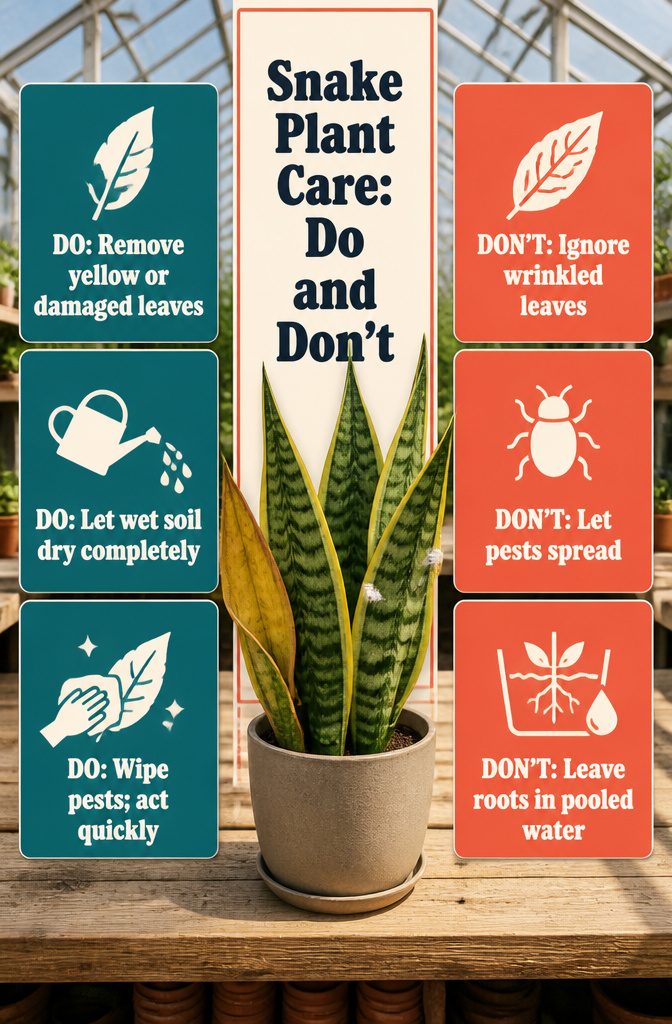 Snake plant care graphic with do and don’t advice