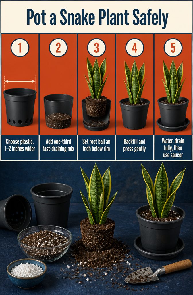 Snake plant being potted in a container with drainage holes
