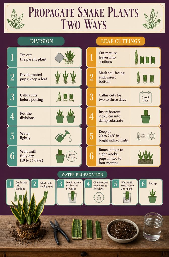 Snake plant propagation graphic showing division and leaf cuttings