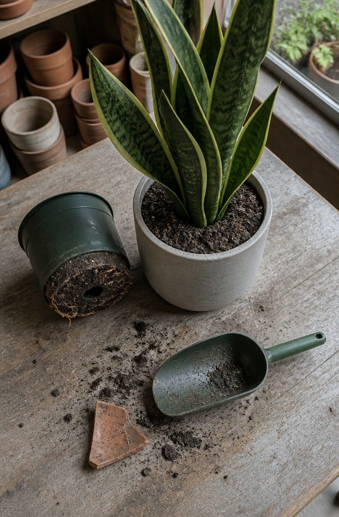 Snake plant growing upright in a pot indoors