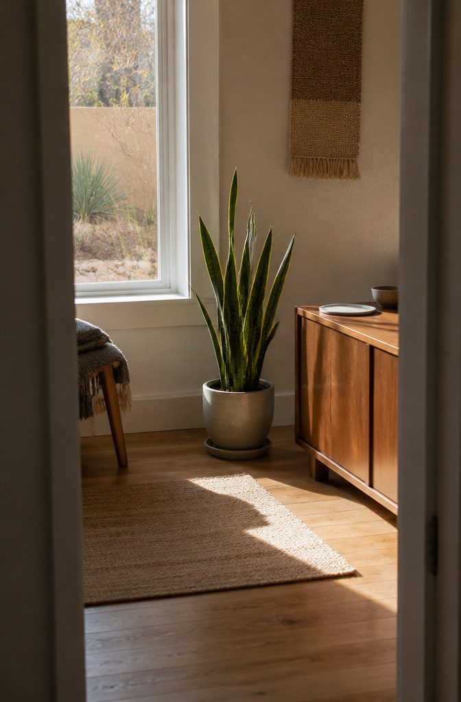 Snake plant beside a cabinet and chair with a folded wool blanket