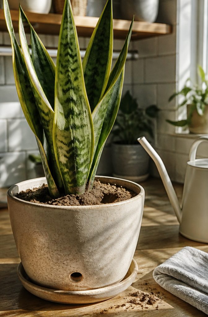 Snake plant in dry soil beside an empty saucer and watering can