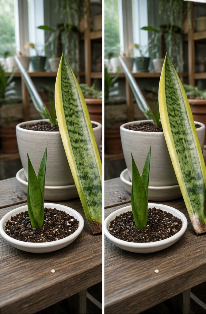Variegated snake plant leaf with pale markings along its edges